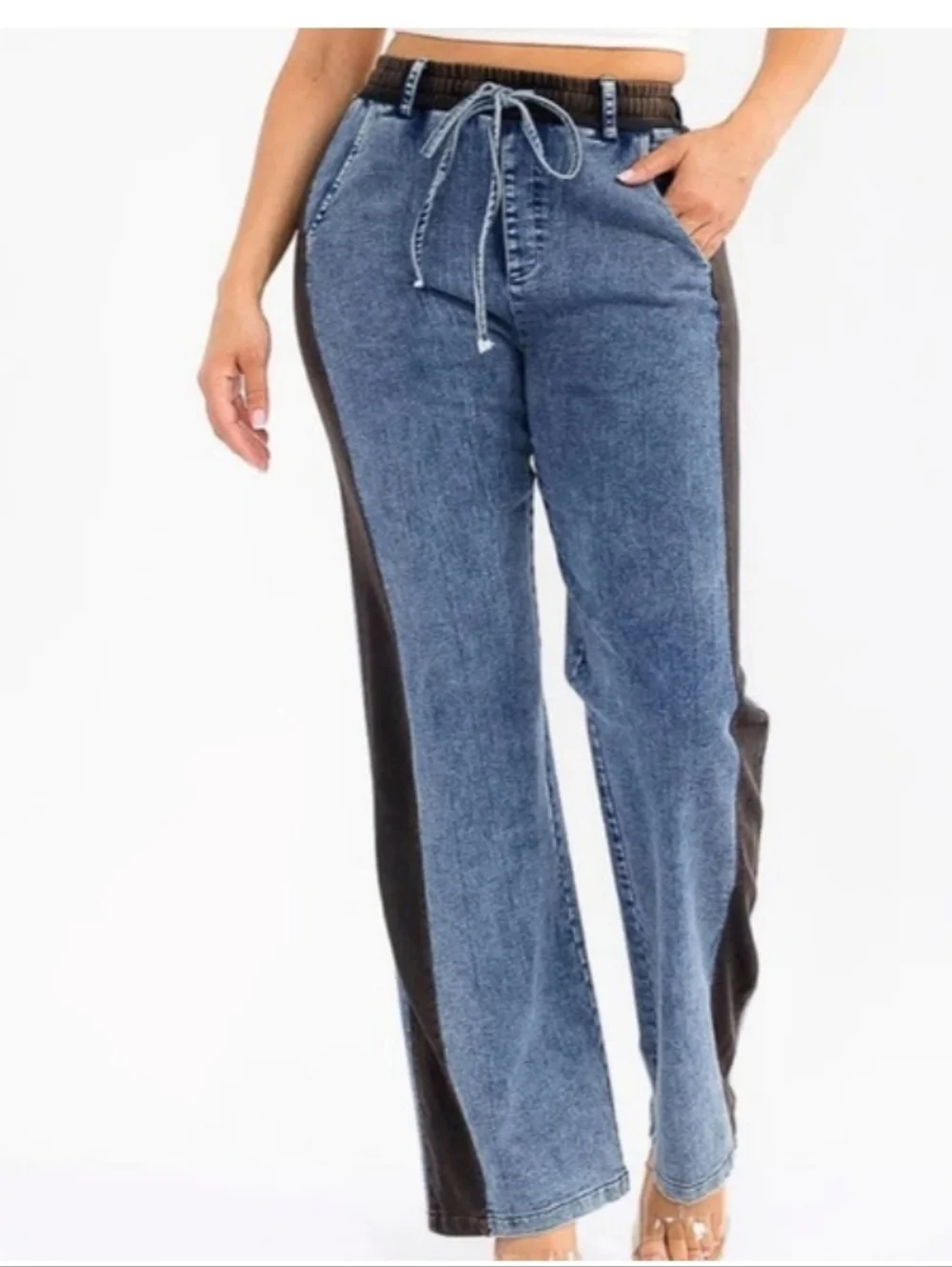 NEW Elastic Waist Contrast-Panel Wide Leg Jeans Blue Denim Knit Black Size Large - Picture 5 of 6